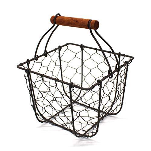 CVHOMEDECO. Quadratischer Hühnerdraht Eierkorb Obstkorb mit Holzgriff Primitives Vintage Sammelkorb. rostig von CVHOMEDECO.