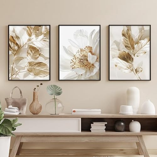 3Er-Set Moderne Poster Mit Weißen Blumen und Goldenen Blättern Wandkunst Leinwandgemälde Drucke Bilder Wohnzimmer Inneneinrichtung Zuhause Küche Büro Dekoration 40*50Cm=16*20Zoll (Ungerahmt) von CWBLYZ