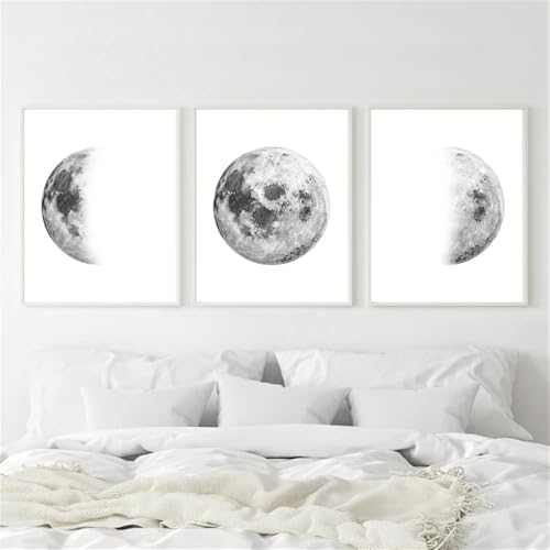 3Er-Set Mondphasen-Druck Graues Mond-Poster Mond-Aquarell-Kunst Leinwandgemälde Schlafzimmer-Wandbild für Wohnzimmer Büro Zimmer Zuhause Wandkunst Dekor - 50 * 70 Cm - (Ohne Rahmen) von CWBLYZ