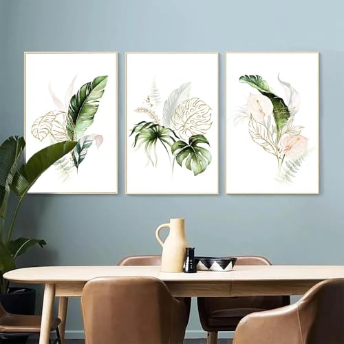 CWBLYZ Wandkunst-3 Bilder Set-Grüne und Goldene Farnblätter Palmen Pflanzen Wandkunst Leinwandmalerei Botanische Poster Druck Nordische Bilder für Wohnzimmer Büro Zuhause Dekor-60 * 90cm (Ungerahmt) von CWBLYZ