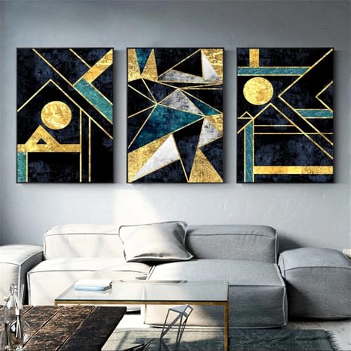 Kunstbilder,3er Bilder Set-Abstraktes Geometrie-Poster Zeitgenössische Gold- und Schwarzdrucke und Poster Moderne Leinwand-Wandkunstbilder für Wohnzimmer Büro-Dekor-60*90cm/(24*35Zoll) Ungerahmt Druck von CWBLYZ