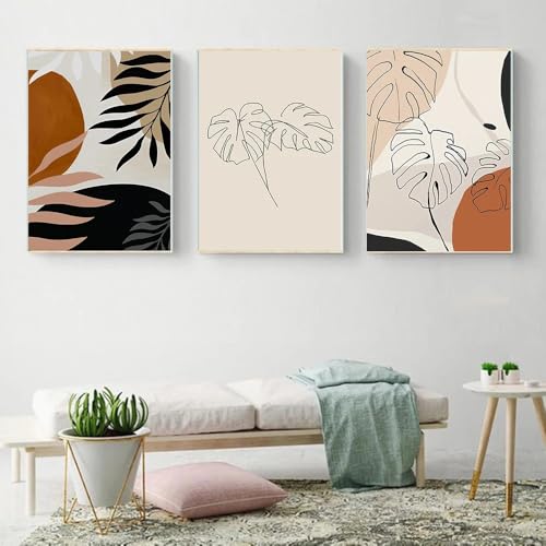 Kunstdrucke,3 Teilig-Abstrakte Linie Blätter Leinwand Malerei Moderne Einfache Stil Wand Kunst Nordisch Poster Drucken Bild für Wohnzimmer Küche Büro Wohnkultur-50*60cm/(16*24Zoll) Ungerahmt Druck von CWBLYZ