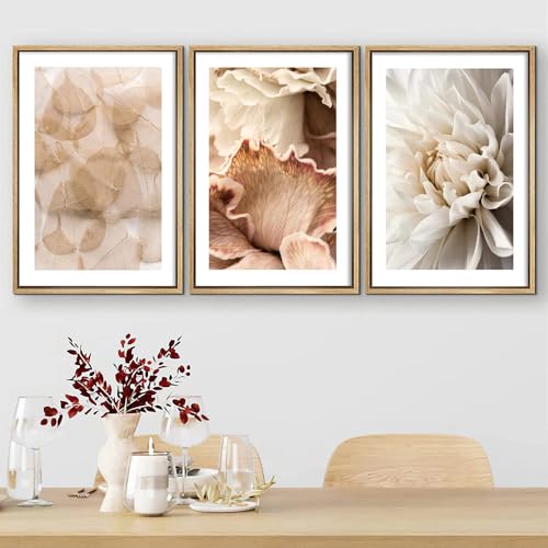 Kunstdrucke,3 Teilig-Beige Blütenblätter Reed Poster Drucke Trockenwandkunst Leinwandmalerei Weiße Dahlie Wandbild Wohnzimmer Küche Büro Schlafzimmer Dekor-50*60cm/(16*24Zoll) Ungerahmt Druck von CWBLYZ