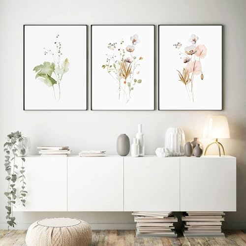 Kunstdrucke,3 Teilig-Neutrales Blumenstrauß-Aquarell-Kunstgemälde Beige-Rosa-Blumen Wandbild Einfaches Poster Leinwanddruck Wohnzimmer Schlafzimmer Wohnkultur-50*70cm/(20*27Zoll) Ungerahmt Druck von CWBLYZ