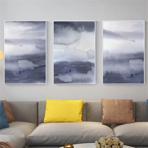 Leinwand Wandkunst-Set von 3-Abstrakter Aquarell Kunstdruck auf Leinwand Indigoblau Kunstdrucke Skandinavisches Einfaches Poster Nordisches Kunstposter Wohnzimmer Heim Dekoration-40*50cm (Ungerahmt) von CWBLYZ