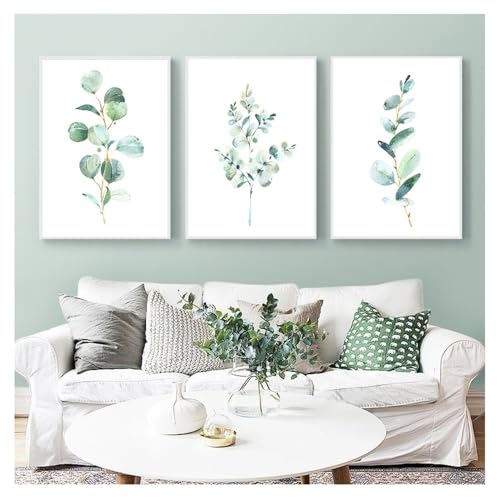 Leinwanddrucke-3 Stück-Grünpflanzen Blätter Kunst Leinwand Malerei Grün Wild Poster Eukalyptus Aquarell Druck Floral Wand Kunst Wohnzimmer Büro Wohnkultur-50 * 60cm (Ungerahmt) von CWBLYZ