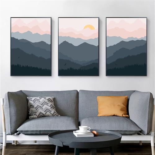Leinwanddrucke-3 Stück-Moderne Abstrakte Landschaft Bild Nordisch Leinwand Malerei Wand Kunst Sonnenuntergang Wald Drucke und Poster für Wohnzimmer Büro Zimmer Wohnkultur-50 * 60cm (Ungerahmt) von CWBLYZ