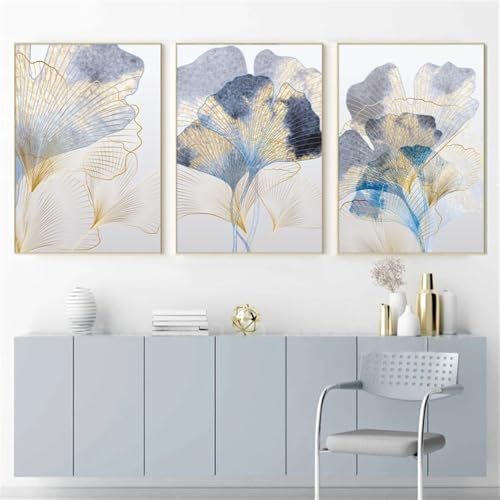 Wandkunst-3 Bilder Set-Abstrakte Boho Ginkgo Blatt Gold Grau Blau Poster und Drucke Moderne Leinwand Malerei Wand Kunst Bild Wohnzimmer Küche Zimmer Dekor Kunstwerk-60 * 70cm (Ungerahmt) von CWBLYZ