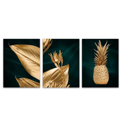 Wandkunst-3 Bilder Set-Abstrakte Gold Ananas Metall Gefühl Leinwand Malerei Wand Kunst Leinwand Druck Wand Bild Poster für Wohnzimmer Küche Büro Zimmer Wohnkultur-60 * 70cm (Ungerahmt) von CWBLYZ