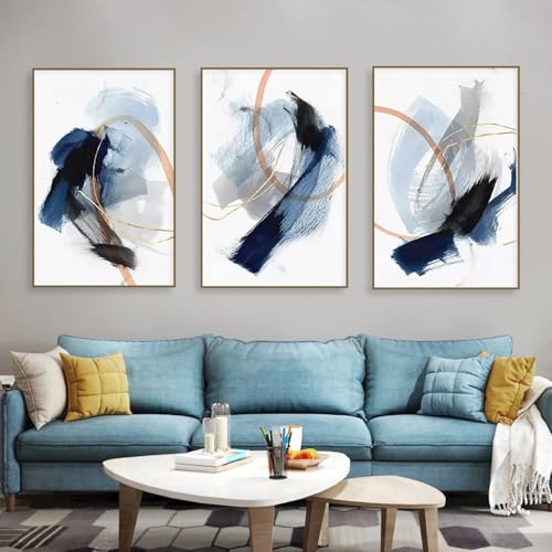Wandkunst-3 Bilder Set-Abstraktes Blaues Aquarell Kunst Poster Nordische Leinwandmalerei Tinte Wandkunst Minimalistisches Poster Druck Wohnzimmer Küche Büro Zimmer Wohnkultur-60 * 70cm (Ungerahmt) von CWBLYZ