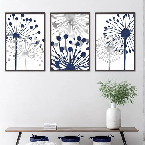 Wandkunst-3 Bilder Set-Blau Grau Abstrakte Blumen Löwenzahn Leinwand Kunst Malerei Moderne Blume Bild Wand Poster Küche Büro Startseite Zimmer Dekoration-60 * 70cm (Ungerahmt) von CWBLYZ