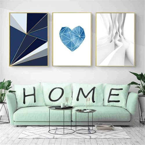 Wandkunst-3 Bilder Set-Geometrischer Farbblock Blaue Linie Herzförmige Abstrakte Form Moderne Kunst Leinwanddruck Wandmalerei Bild Wohnzimmer Küche Büro Dekor-60 * 90cm (Ungerahmt) von CWBLYZ