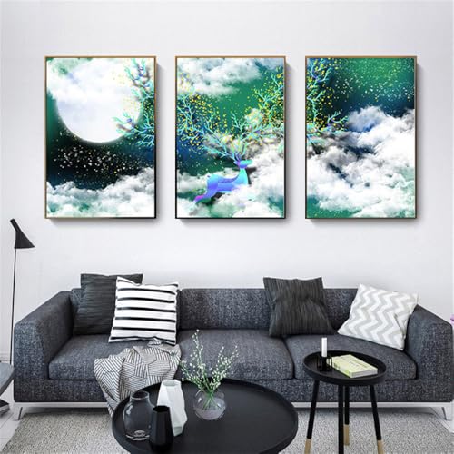 Wandkunst-3 Bilder Set-Mond Sterne Elch Nordischen Stil Abstrakte Leinwand Malerei Poster und Drucke Wand Kunst Bilder Schlafzimmer Wohnzimmer Küche Büro Wohnkultur-60 * 70cm (Ungerahmt) von CWBLYZ