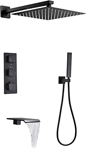 CWCQGH Thermostatisches Duschsystem mit Wasserfall-Wannenauslauf, schwarzes Duscharmatur-Set, an der Wand montiertes Regenduschkopfsystem mit Handbrause-Set, Regenmischer-Dusch-Kombi-Set, 8 Zoll CWCQGH Thermostatisches Duschsystem mit Wasserfall-Wannenauslauf, schwarzes Duscharmatur-Set, an der Wand montiertes Regenduschkopfsystem mit Handbrause-Set, Regenmischer-Dusch-Kombi-Set, 8 Zoll von CWCQGH