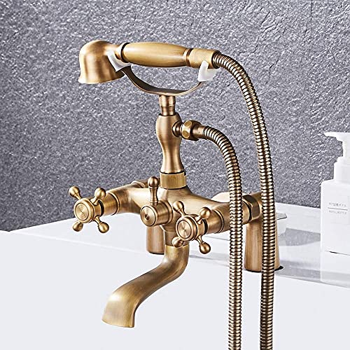 CWCQGH Wasserhähne, Antikes Badewannen-Duschset, komplett aus gebürstetem Kupfer, einfache Installation am Duschdeck, Doppelgriff, 2 Funktionen, Handbrause, Dickes Messing-Misch,B von CWCQGH