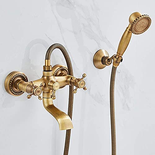 CWCQGH Wasserhähne, Badezimmer Antikes, einfaches Duschset, komplett aus gebürstetem Kupfer, einfache Dusche, Wandmontage, Doppelgriff-Handbrause, Dickes Messing-Mischventil, Ba,F von CWCQGH