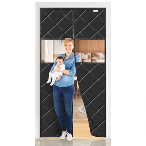 Magnet Wärmeschutzvorhang für Türen 105x210 cm, mit transparenten Fenstern. Schwarz von CWEEN CLU