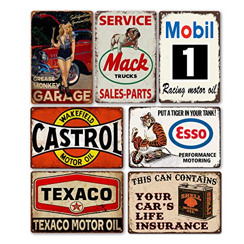 Vintage-Metall-Garagenschilder für Männer, Tankstellen-Blechschilder, Männerhöhlen-Dekor, alte Auto-Schilder, Laden-Schild, Öl-Dekoration, Motorrad-Poster, 7 Stücke, 20x30.5x30.5 cm von CWEIDP