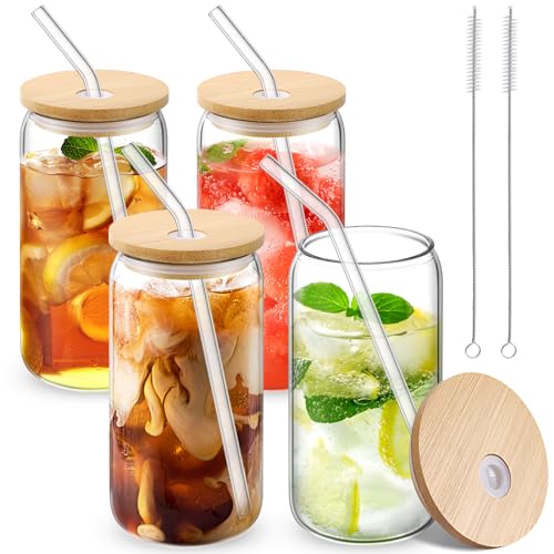 CWHHRN Trinkgläser mit Bambusdeckel und Glasstrohhalm, 473 ml, Biergläser, Glasbecher, Eiskaffeegläser – 4er-Set CWHHRN Trinkgläser mit Bambusdeckel und Glasstrohhalm, 473 ml, Biergläser, Glasbecher, Eiskaffeegläser – 4er-Set von CWHHRN
