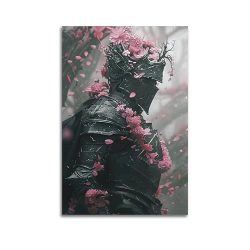 Moderner Kunstdruck auf Leinwand, Fantasy-Poster, Ritter in Rüstung mit rosa Blüten, 60 x 90 cm, ungerahmter Stil von CWLLOG