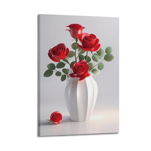 Moderner Kunstdruck auf Leinwand, Kunstposter, 3D-Rote Rosen in weißer Vase, moderne Leinwanddekoration, 20 x 30 cm, Rahmenstil von CWLLOG