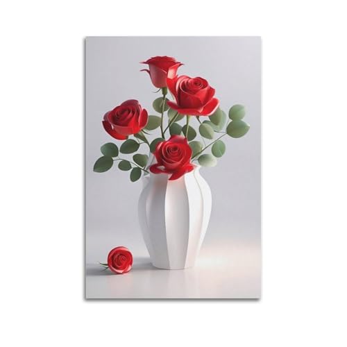 Moderner Kunstdruck auf Leinwand, Kunstposter, 3D-Rote Rosen in weißer Vase, moderne Leinwanddekoration, 40 x 60 cm, ungerahmter Stil von CWLLOG