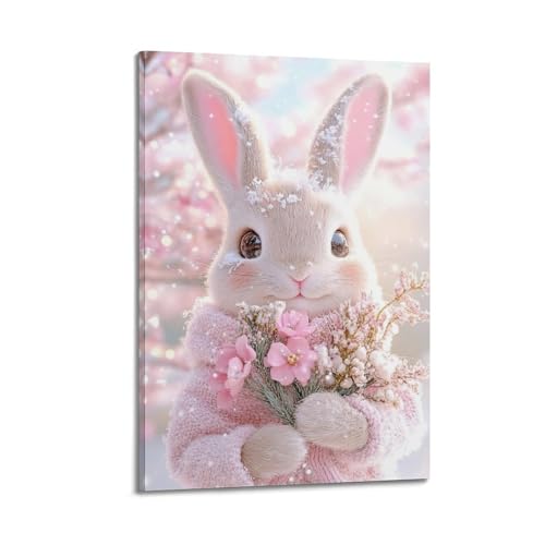Moderner Kunstdruck auf Leinwand, Kunstposter, Hase mit Blumen, niedliches und zartes Gemälde, 20 x 30 cm, Rahmenstil von CWLLOG