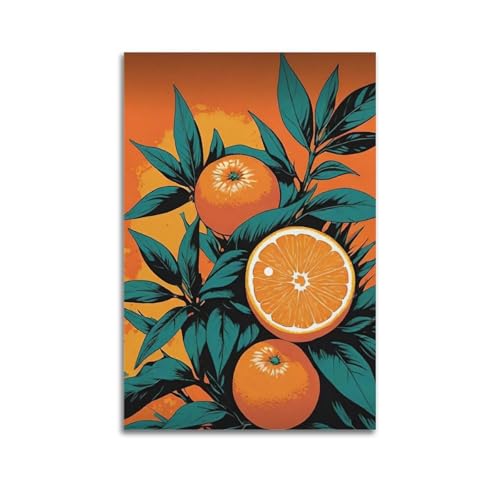 Moderner Kunstdruck auf Leinwand, Kunstposter, Orangen, Blätter, Retro, dekorative Kunst, 20 x 30 cm, ungerahmter Stil von CWLLOG