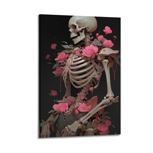 Moderner Kunstdruck auf Leinwand, Kunstposter, Totenkopf mit rosa Blumen, geheimnisvolles Leben, Tod, Dekoration, 60 x 90 cm, Rahmenstil von CWLLOG