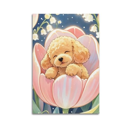 Moderner Kunstdruck auf Leinwand, Kunstposter, Welpe in rosa Tulpe, niedliches und charmantes Gemälde, 50 x 75 cm, ungerahmter Stil Moderner Kunstdruck auf Leinwand, Kunstposter, Welpe in rosa Tulpe, niedliches und charmantes Gemälde, 50 x 75 cm, ungerahmter Stil von CWLLOG