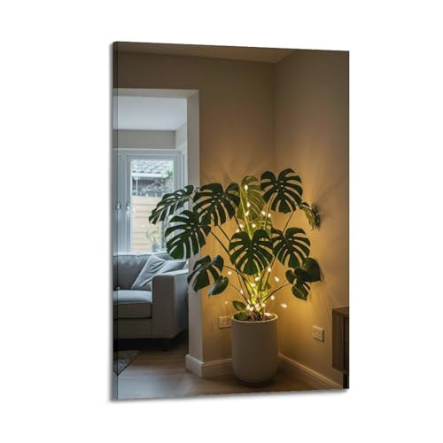 Moderner Kunstdruck auf Leinwand, Kunstposter Monstera mit Lichterkette, lebendiges und gemütliches Gemälde, 20 x 30 cm, Rahmenstil von CWLLOG