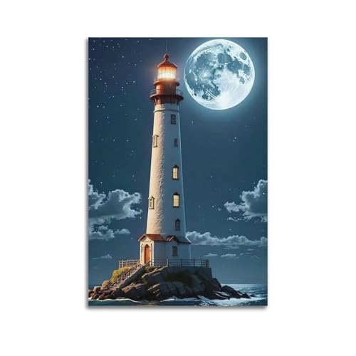Moderner Kunstdruck auf Leinwand, Landschaftsposter, Leuchtturm unter Mondschein Nacht, mystische und beruhigende Kunstdekoration, 30 x 45 cm, ungerahmter Stil Moderner Kunstdruck auf Leinwand, Landschaftsposter, Leuchtturm unter Mondschein Nacht, mystische und beruhigende Kunstdekoration, 30 x 45 cm, ungerahmter Stil von CWLLOG