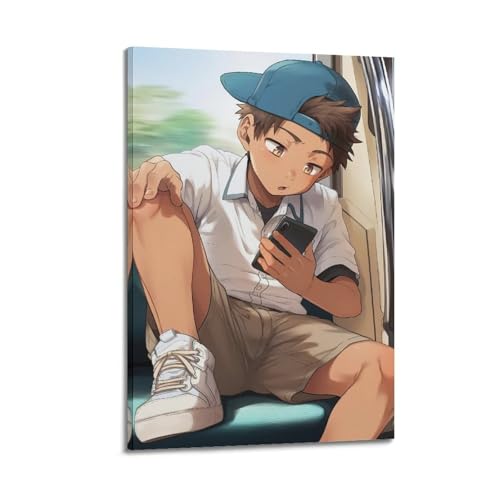 Moderner Kunstdruck auf Leinwand, Motiv: Anime, Junge mit Telefon, lässige Szene, dekoratives Gemälde, 30 x 45 cm, Rahmenstil Moderner Kunstdruck auf Leinwand, Motiv: Anime, Junge mit Telefon, lässige Szene, dekoratives Gemälde, 30 x 45 cm, Rahmenstil von CWLLOG