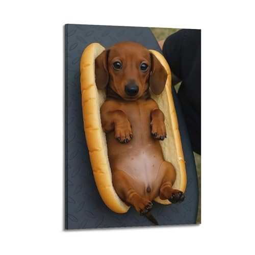 Moderner Kunstdruck auf Leinwand, Motiv: Hotdog-Welpe, Dackel im Hotdog, niedliches dekoratives Gemälde, 50 x 75 cm, Rahmenstil Moderner Kunstdruck auf Leinwand, Motiv: Hotdog-Welpe, Dackel im Hotdog, niedliches dekoratives Gemälde, 50 x 75 cm, Rahmenstil von CWLLOG