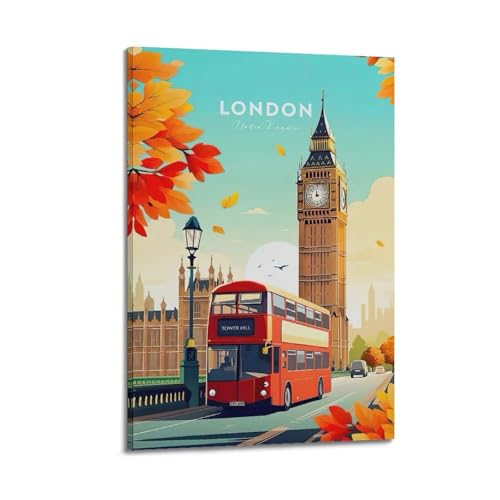 Moderner Kunstdruck auf Leinwand, Motiv: Londoner Bus und Herbstblätter, Stadt-Romantik-Dekor, 20 x 30 cm, Rahmenstil Moderner Kunstdruck auf Leinwand, Motiv: Londoner Bus und Herbstblätter, Stadt-Romantik-Dekor, 20 x 30 cm, Rahmenstil von CWLLOG