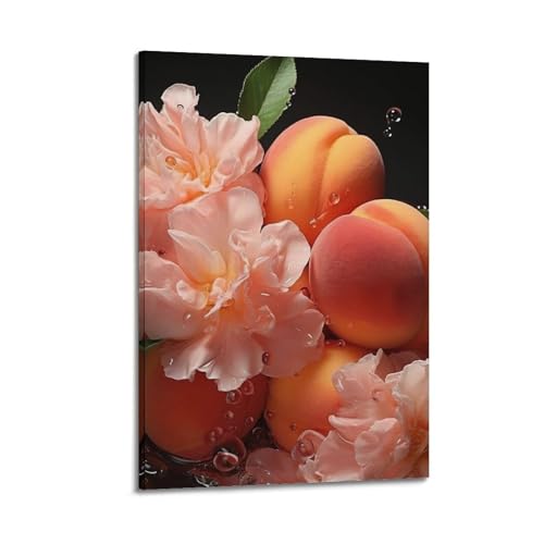 Moderner Kunstdruck auf Leinwand, Motiv: Pfirsiche, Blumen, romantische Poesie, warme dekorative Kunst, 50 x 75 cm, Rahmenstil von CWLLOG