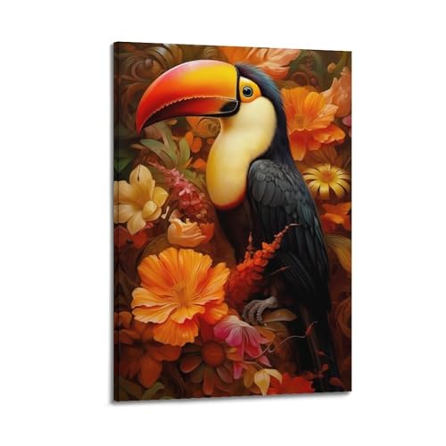 Moderner Kunstdruck auf Leinwand, Motiv: Tukan unter Blumen, lebendiges Bild, tropischer Charm, dekoratives Gemälde, 30 x 45 cm, Rahmenstil von CWLLOG
