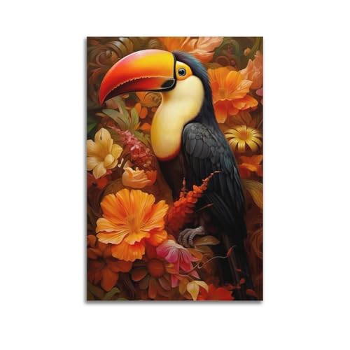 Moderner Kunstdruck auf Leinwand, Motiv: Tukan unter Blumen, lebendiges Bild, tropischer Charm, dekoratives Gemälde, 30 x 45 cm, ungerahmter Stil von CWLLOG
