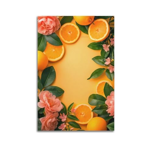 Moderner Kunstdruck auf Leinwand, Motiv: frische Früchte, umgeben von Orangen, rosa Blumen, grüne Blätter, 50 x 75 cm, ungerahmt Moderner Kunstdruck auf Leinwand, Motiv: frische Früchte, umgeben von Orangen, rosa Blumen, grüne Blätter, 50 x 75 cm, ungerahmt von CWLLOG