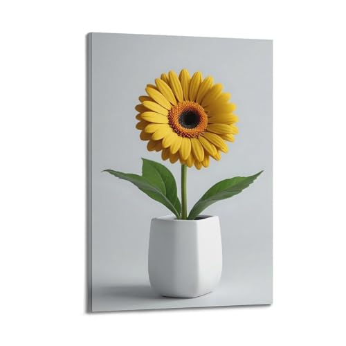 Moderner Kunstdruck auf Leinwand, Motiv: gelbes Gänseblümchen in weißer Vase, minimalistische Leinwanddekoration, 20 x 30 cm, Rahmenstil von CWLLOG