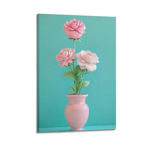 Moderner Kunstdruck auf Leinwand, Motiv: rosa Blumen in rosa Vase, süße Leinwanddekoration, 30 x 45 cm, Rahmenstil von CWLLOG