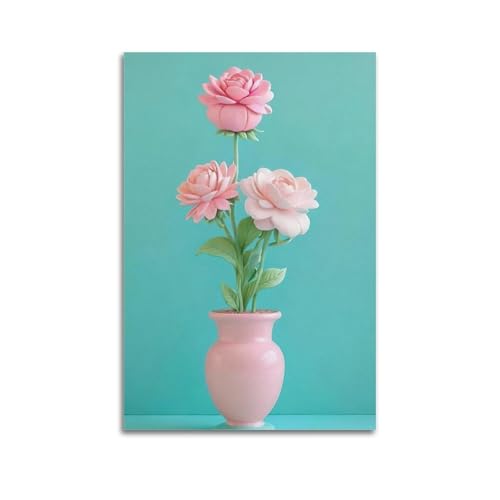 Moderner Kunstdruck auf Leinwand, Motiv: rosa Blumen in rosa Vase, süße Leinwanddekoration, 60 x 90 cm, ungerahmter Stil von CWLLOG
