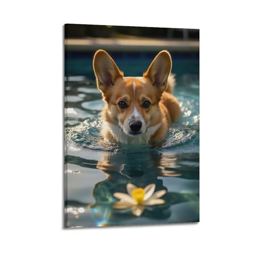 Moderner Kunstdruck auf Leinwand, Poster, Motiv: Corgi im Pool, niedliches Bild, mit hübschem Charm, dekoratives Gemälde, 30 x 45 cm, Rahmenstil Moderner Kunstdruck auf Leinwand, Poster, Motiv: Corgi im Pool, niedliches Bild, mit hübschem Charm, dekoratives Gemälde, 30 x 45 cm, Rahmenstil von CWLLOG