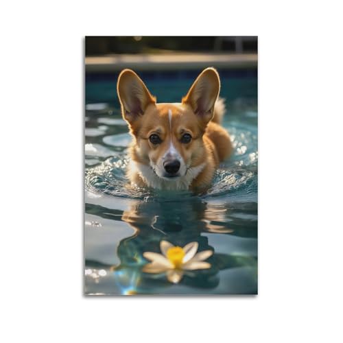 Moderner Kunstdruck auf Leinwand, Poster, Motiv: Corgi im Pool, niedliches Bild, mit hübschem Charm, dekoratives Gemälde, 30 x 45 cm, ungerahmter Stil Moderner Kunstdruck auf Leinwand, Poster, Motiv: Corgi im Pool, niedliches Bild, mit hübschem Charm, dekoratives Gemälde, 30 x 45 cm, ungerahmter Stil von CWLLOG
