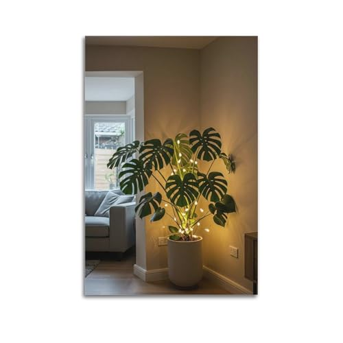 Moderner Kunstdruck auf Leinwand, Poster, Motiv: Monstera mit Lichterkette, lebendiges und gemütliches Gemälde, 40 x 60 cm, ungerahmter Stil Moderner Kunstdruck auf Leinwand, Poster, Motiv: Monstera mit Lichterkette, lebendiges und gemütliches Gemälde, 40 x 60 cm, ungerahmter Stil von CWLLOG