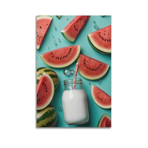 Moderner Kunstdruck auf Leinwand, Poster, Wassermelonenmilch auf blauem Hintergrund, frische dekorative Kunst, 30 x 45 cm, ungerahmt Moderner Kunstdruck auf Leinwand, Poster, Wassermelonenmilch auf blauem Hintergrund, frische dekorative Kunst, 30 x 45 cm, ungerahmt von CWLLOG