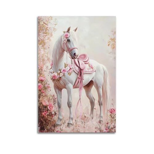 Moderner Kunstdruck auf Leinwand, Tier-Poster, elegantes weißes Pferd inmitten rosa Blumen, 20 x 30 cm, ungerahmter Stil von CWLLOG