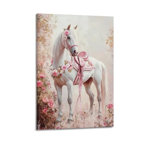 Moderner Kunstdruck auf Leinwand, Tier-Poster, elegantes weißes Pferd inmitten rosa Blumen, 30 x 45 cm, Rahmenstil von CWLLOG