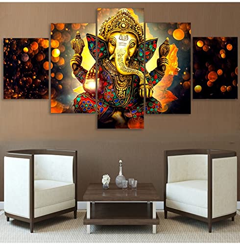HD-gedruckte 5-teilige Leinwandkunst Hindu-Gott Ganesha Elefant Malerei Hindu-Gott-Leinwand Dropshipping Leinwandkunst, 40x60 40x80 40x100cm von CWLYXT