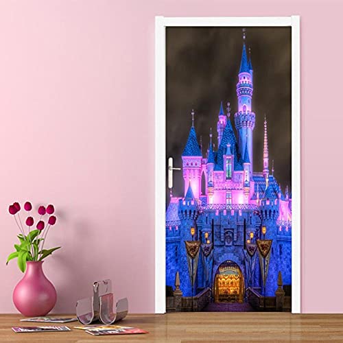 Kinderzimmer Türaufkleber 3D Beleuchtung Nachtlandschaft Märchen Schloss Wandbild Tapete Weihnachten Haustür Poster Pvc Aufkleber 77X200Cm von CWLYXT